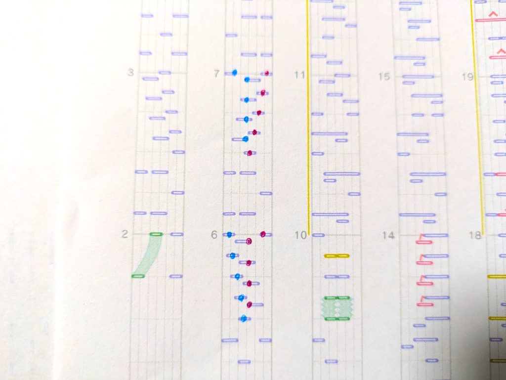 運指を赤い丸と青い丸でメモした写真。